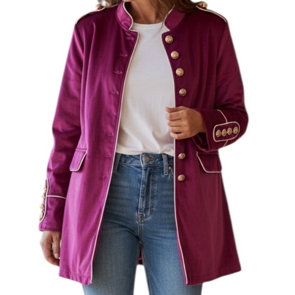 Jackets & Blazers - Velvet Band Military Long Line Blazer Good Buttons in Magenta